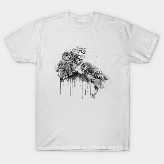 Three Owls Black and White T-Shirt by Marian Voicu